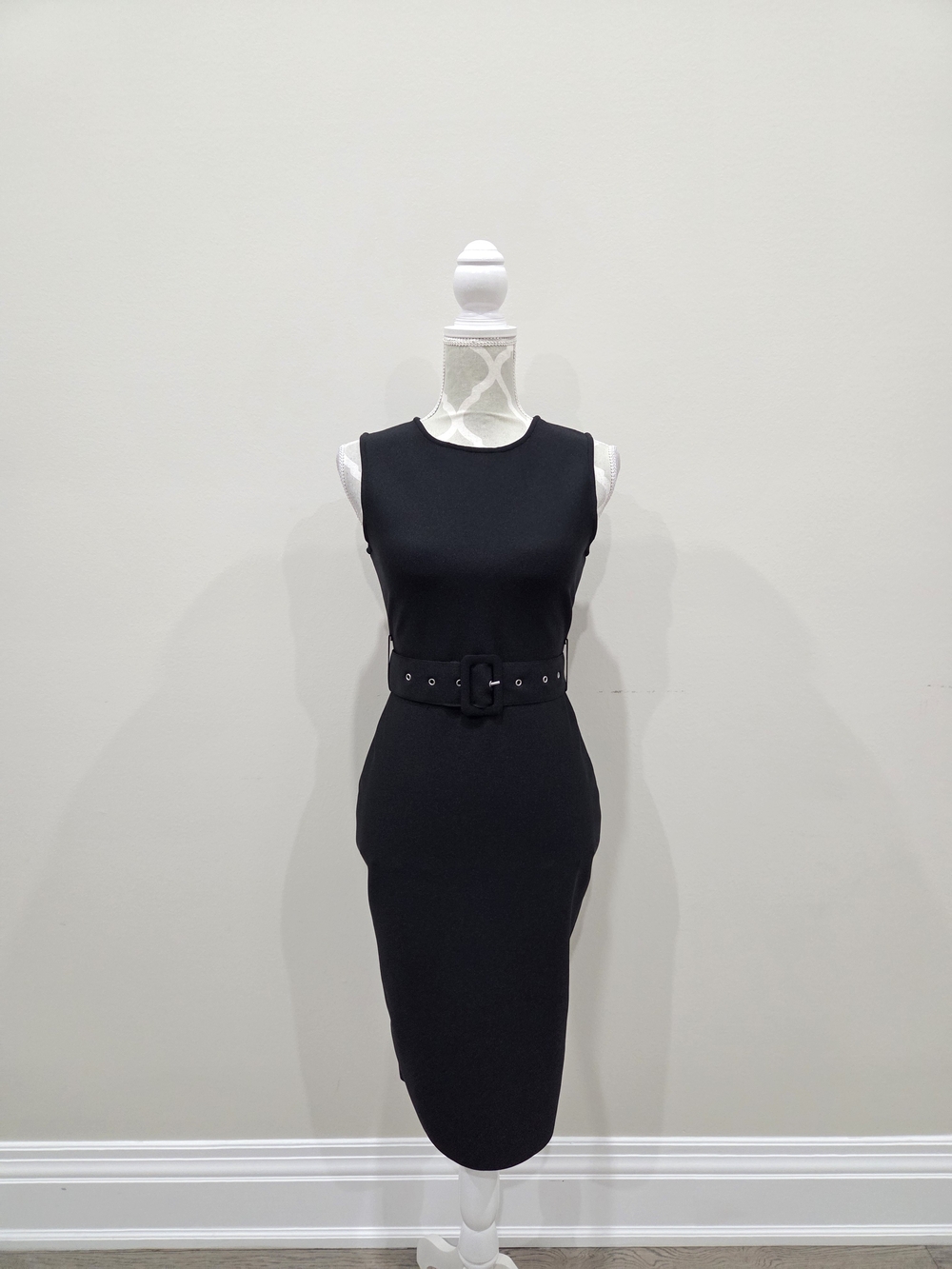 Sleeveless Black Belted Sheath Dress
